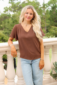The Social Hour V-Neck Top - Brown