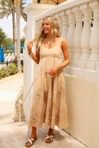 Whispered Garden Embroidered Midi Dress - Khaki