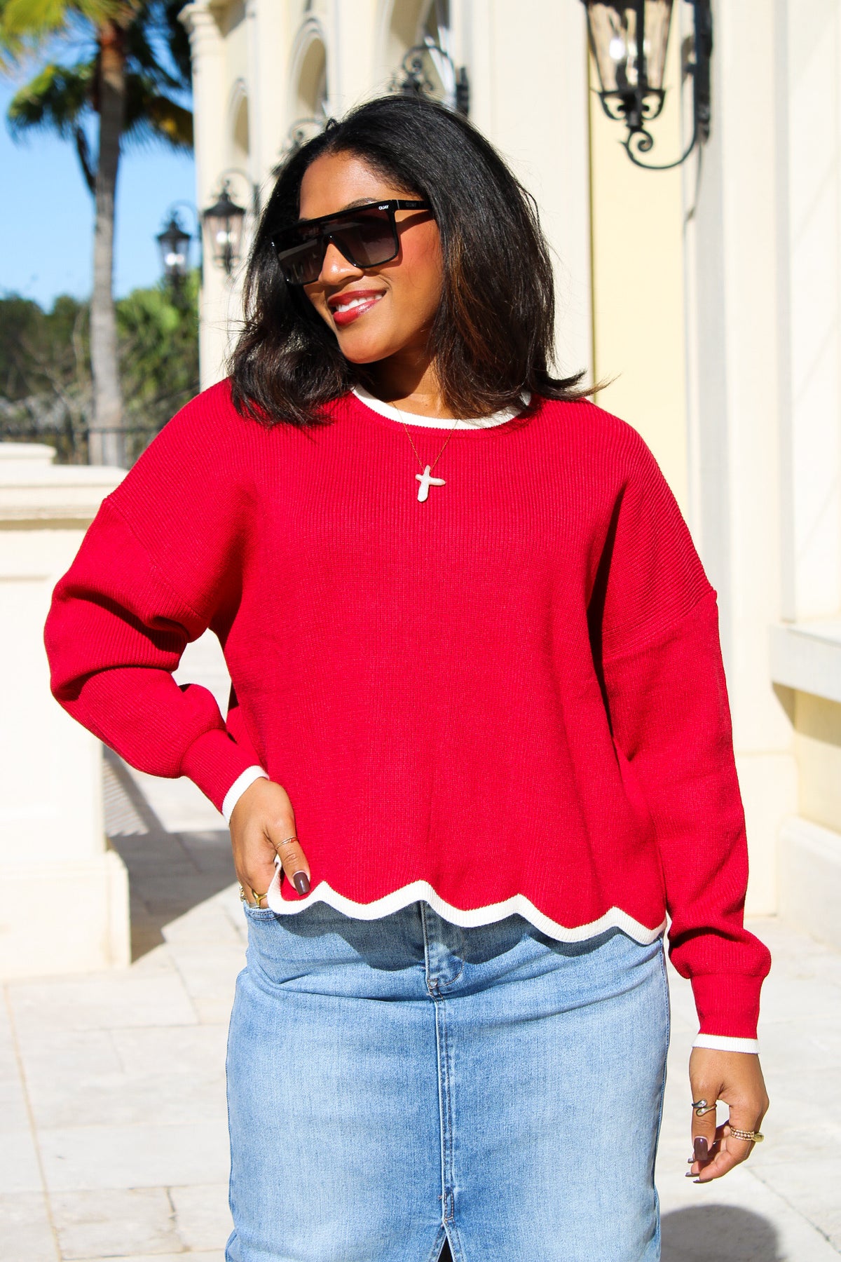 Charming Edge Contrast Trim Sweater - Crimson