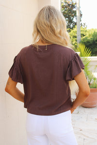 Sadie & Sage: Delphine Ruffle Sleeve Top - Brown