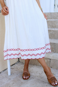 The Coastal Blossom Scalloped Midi  Dress - Red