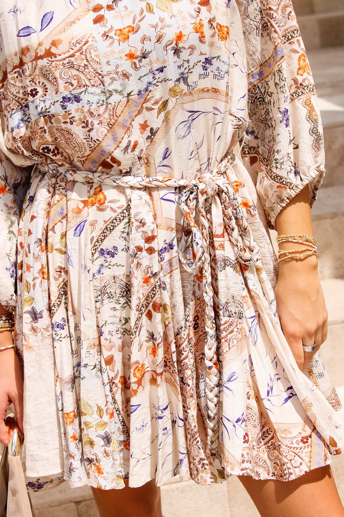 Chasing Wildflowers Belted Mini  Dress - Taupe Multi
