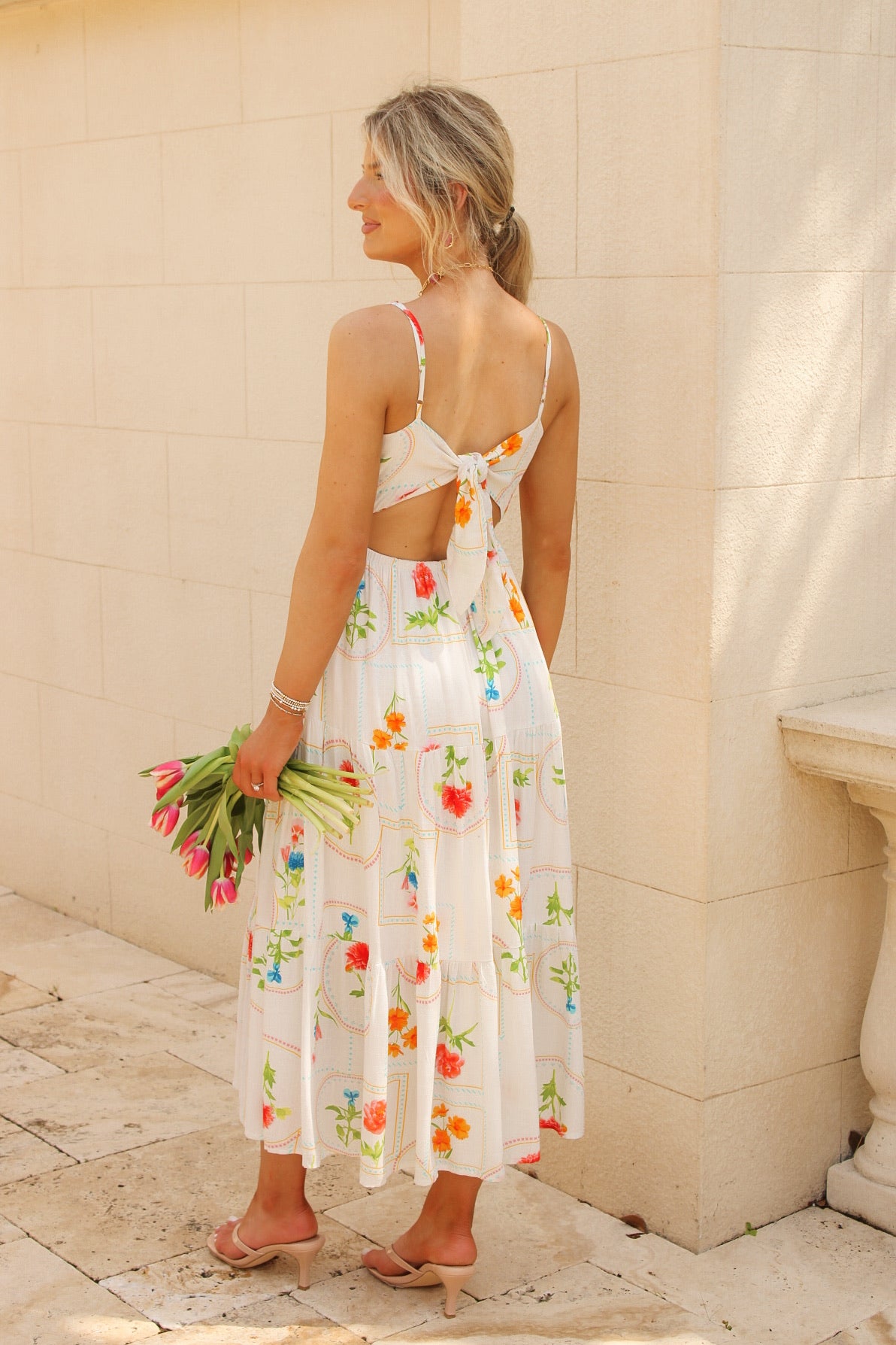 Picnic Ready Floral Tiered  Midi Dress - Ivory Multi