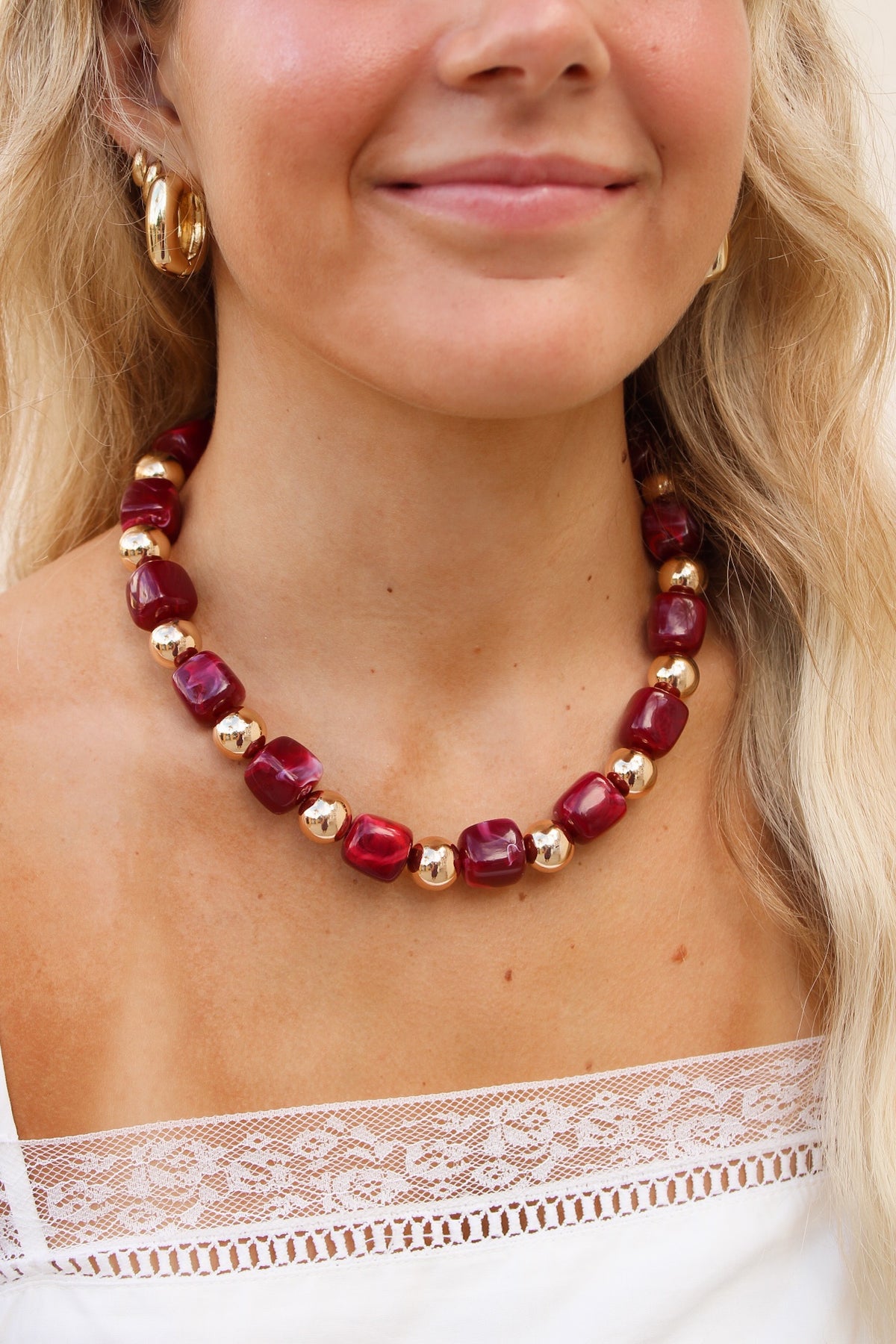 Beaded Stone Necklace - Burgundy