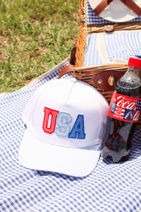 USA Gingham Letter Striped Hat - White