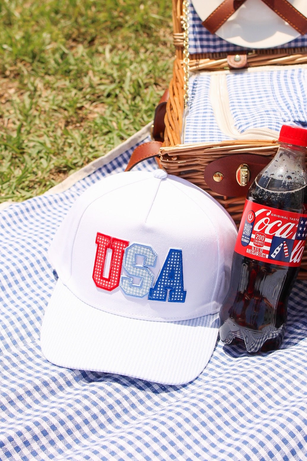 USA Gingham Letter Striped Hat - White