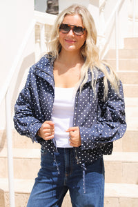 Style Status Polka Dot Zipper Jacket - Navy