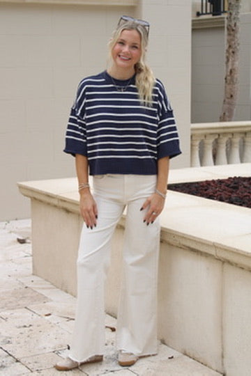 On The Go Exposed Seam Short Sleeve Sweater - Navy