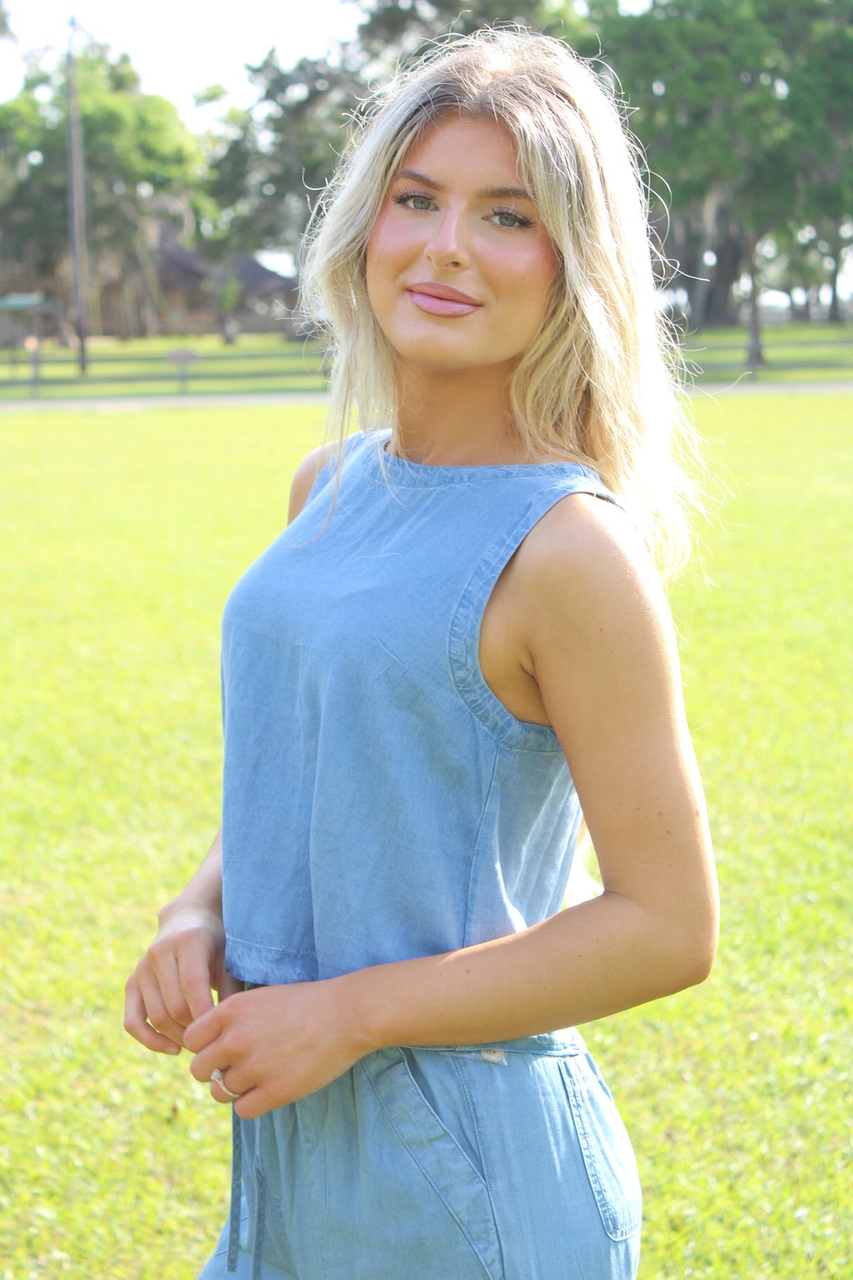 Breezy Bay Back Button Top - Chambray