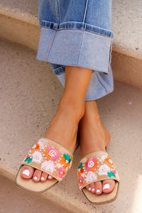 Seaside Petal Raffia Slide Sandal - Multi