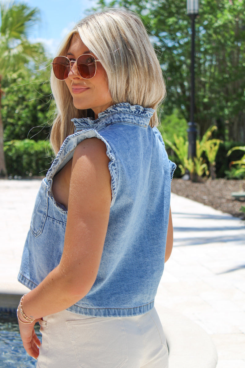 Adventure Begins Ruffle Stitch Vest - Denim