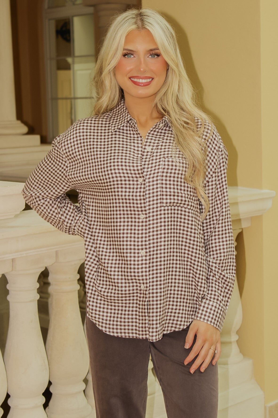 River Plaid Button Up - Chocolate Cherry