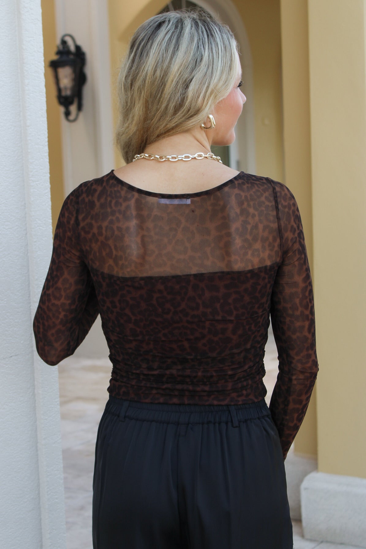 Sheer Desires Leopard Mesh Ruched Long Sleeve Knit Top - Brown Multi