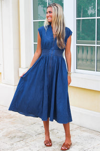 Sunset Drift Smocked Midi Dress - Med Wash