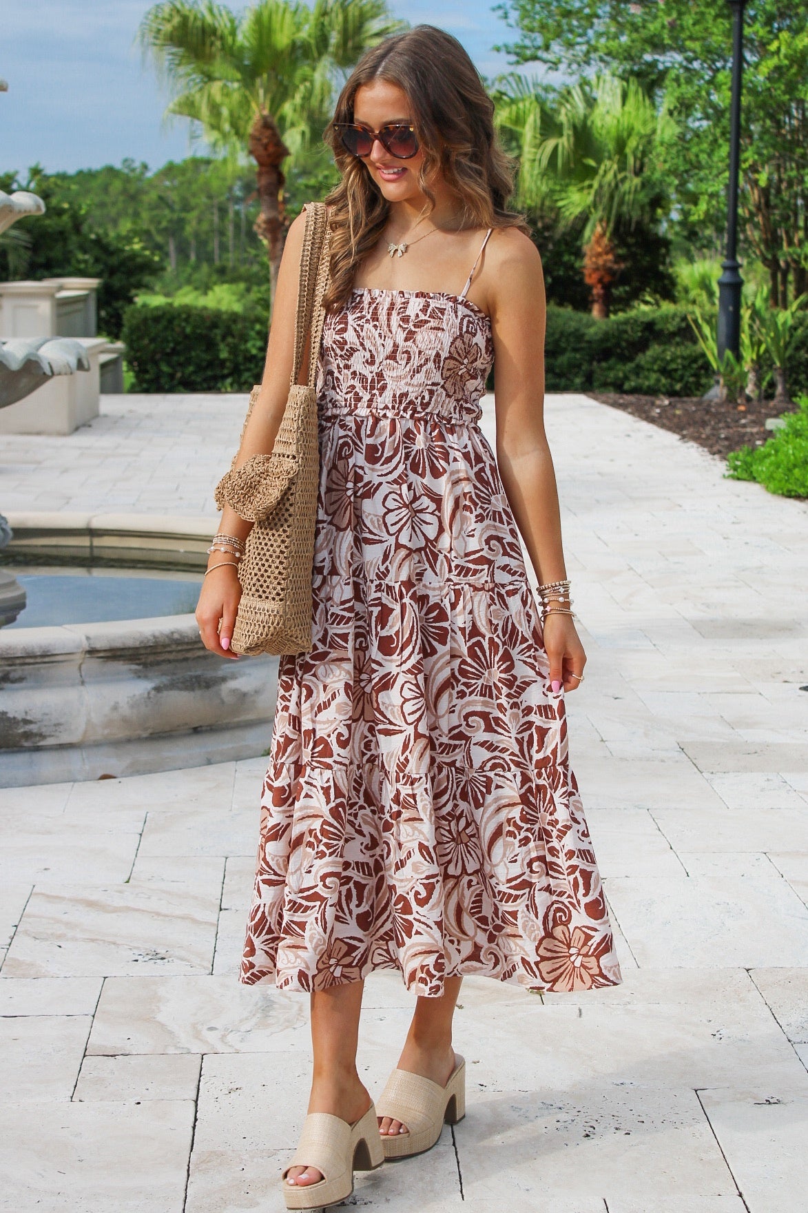 Tropical Times Smocked Midi Dress - Mocha