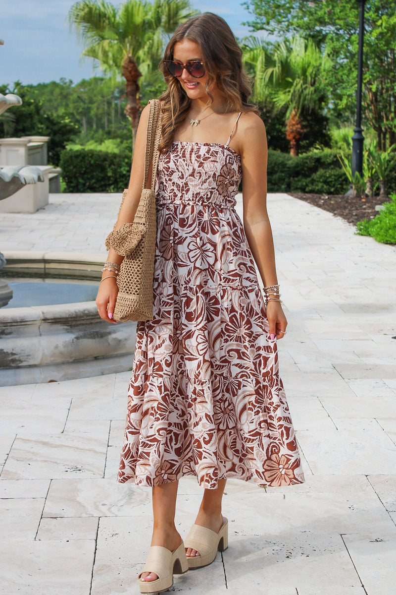 Tropical Times Smocked Midi Dress - Mocha