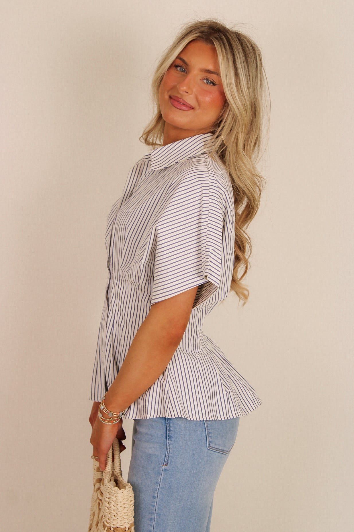 The Tailored Tide Pleated Button Down Top - Blue