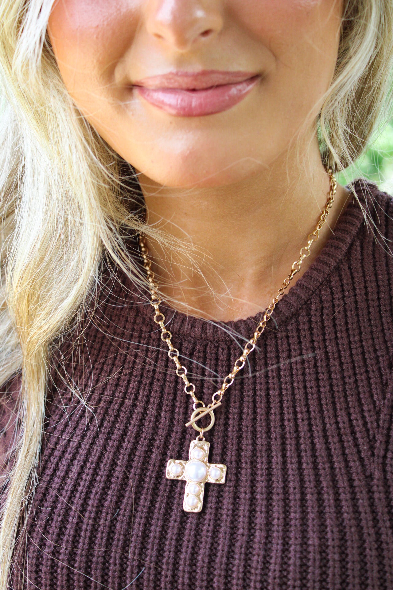 Pearl Studded Cross Toggle Necklace