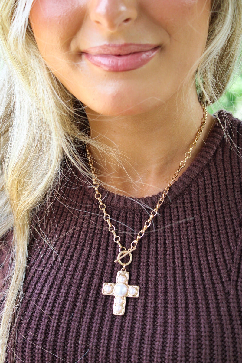 Pearl Studded Cross Toggle Necklace