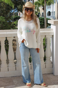 Vintage Havana: Vacay Embroidered Sweater - White