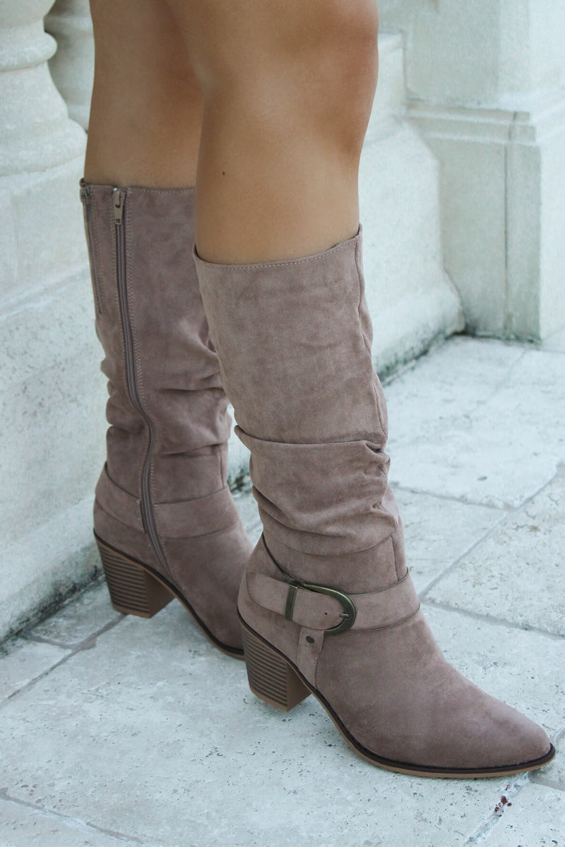 The Casey Tall Buckle Suede Boot - Taupe