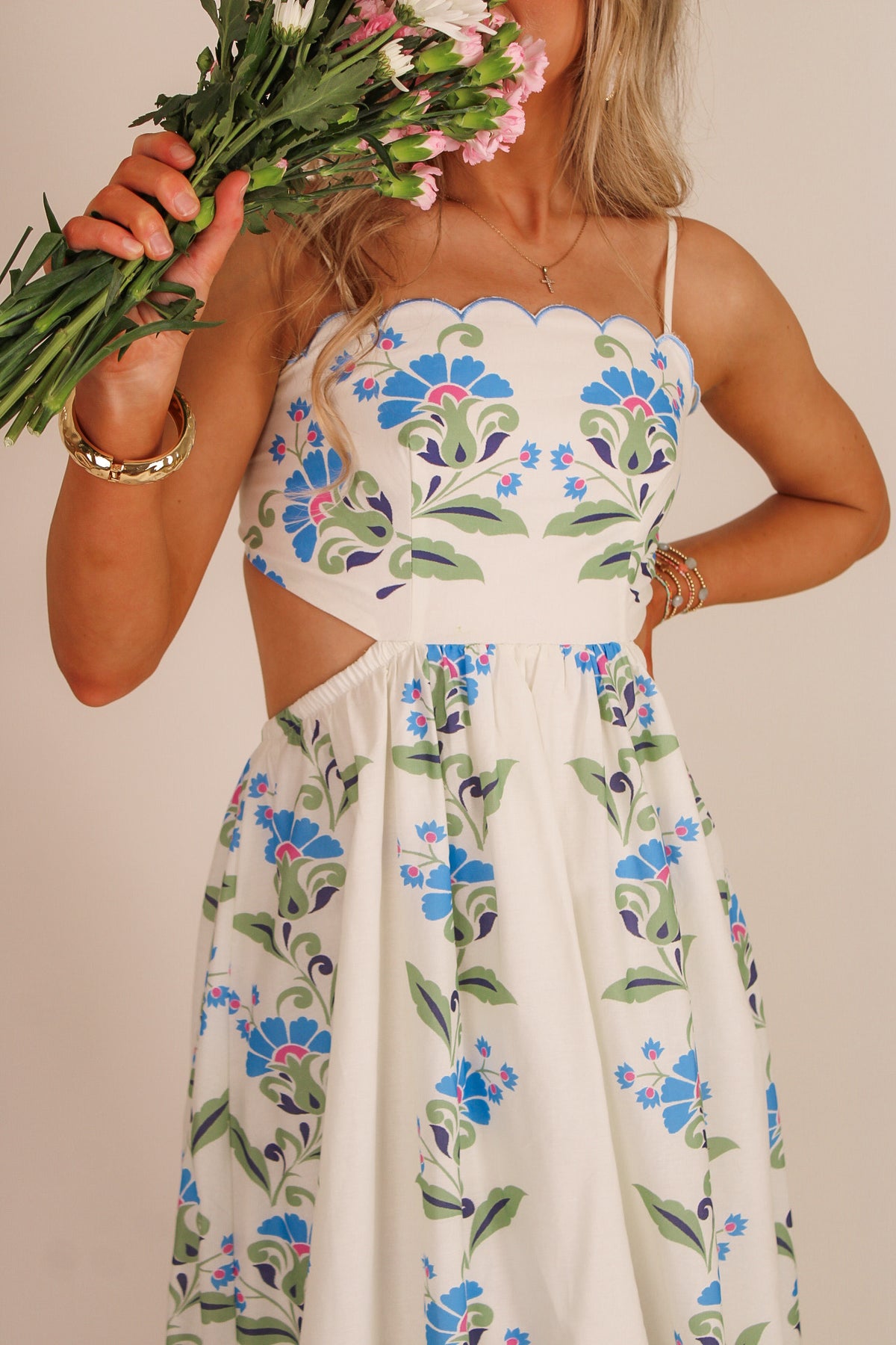 The Cottage Bloom Floral Border Print Cut Out Detail Midi Dress - Multi