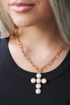 Pearl Studded Cross Toggle Necklace