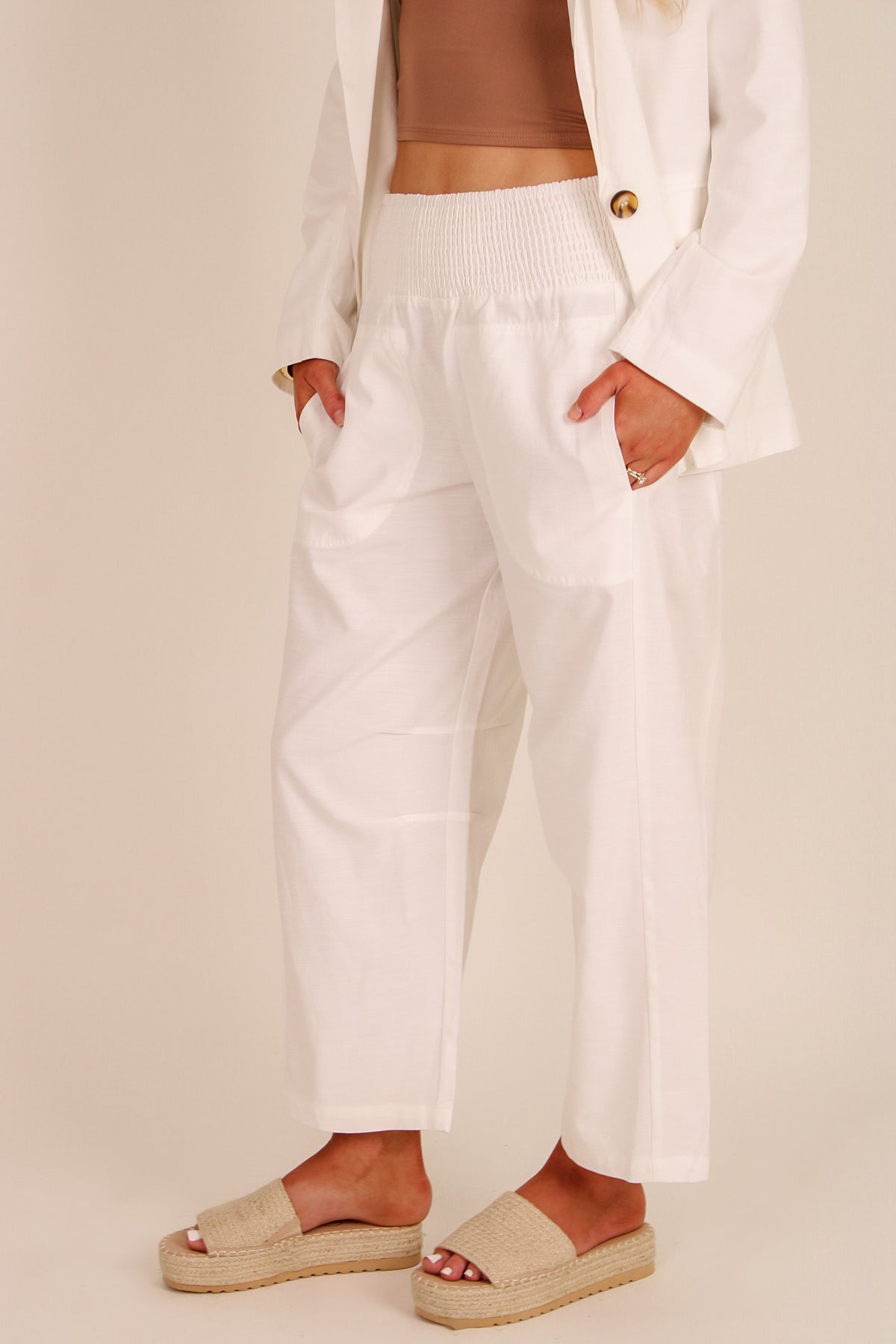 Pure Intentions Smocked Cropped Pants - Off White
