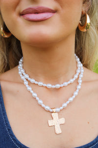Pearl Beaded Layered Cross Necklace - Gold