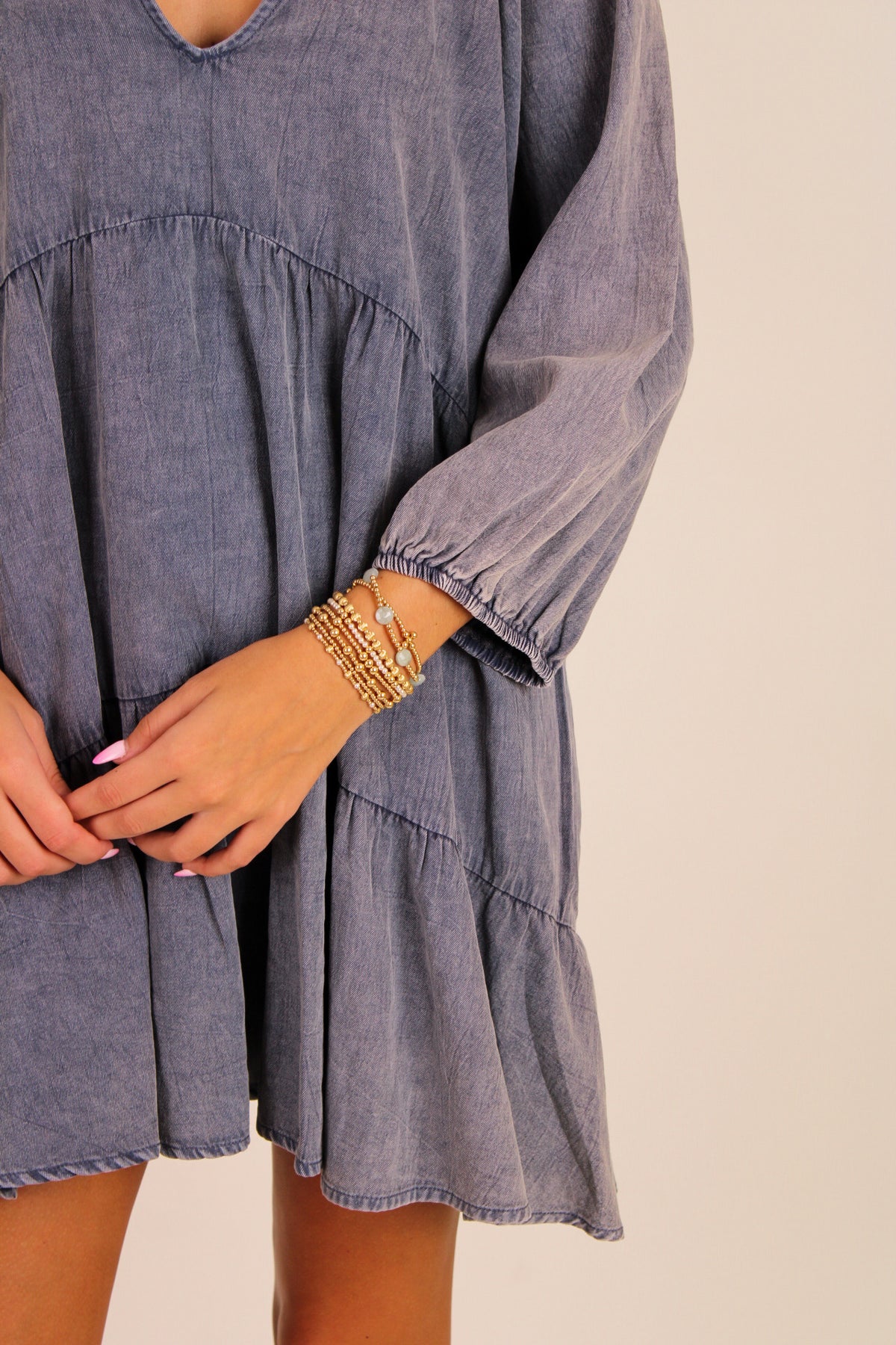 Grateful Hearts V-Neck Washed Tiered Dress -Ink Indigo