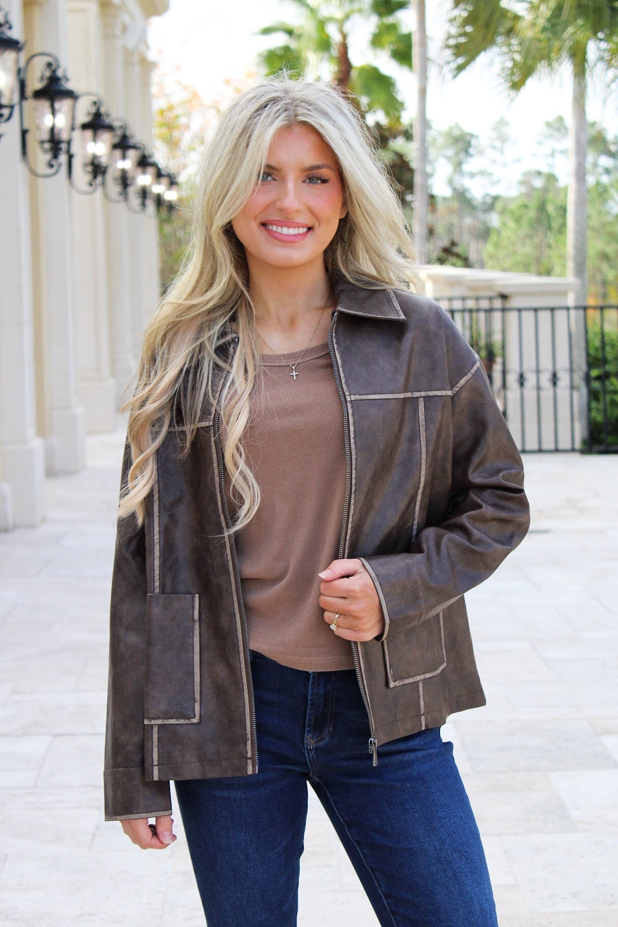 After Hours Collared Zip Up Jacket - Brown