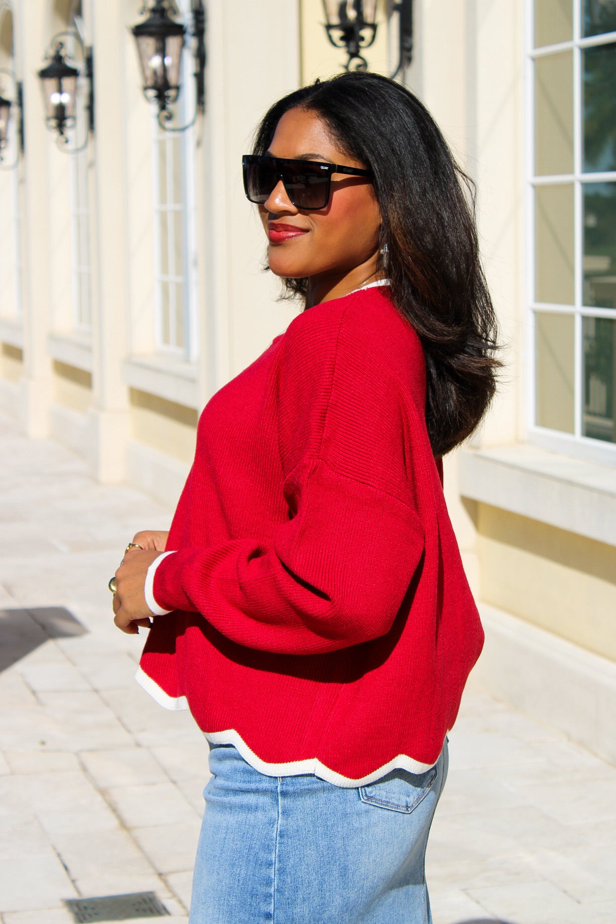 Charming Edge Contrast Trim Sweater - Crimson