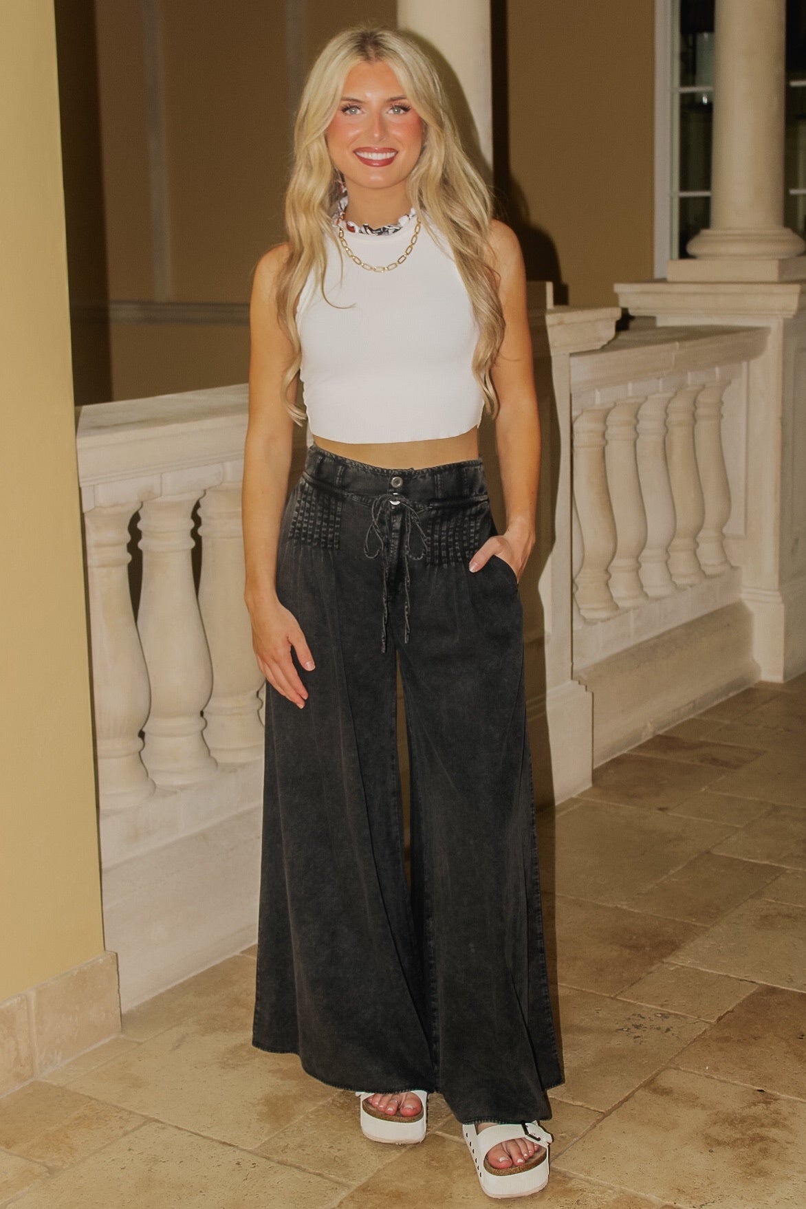Runway Reverie Pintuck Wide Leg Pants - Washed Black