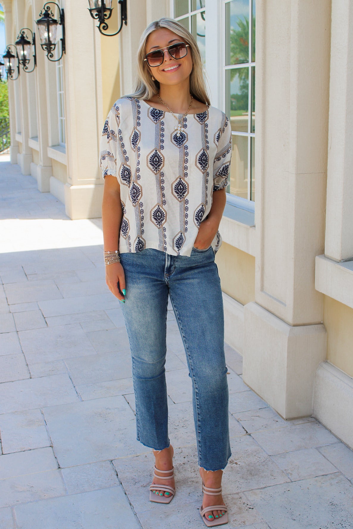 On The Go Geometric Pattern Top - Tan/Navy