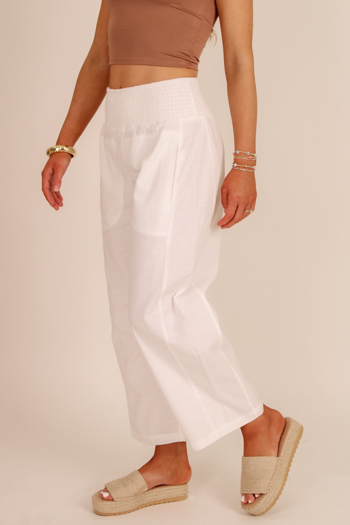 Pure Intentions Smocked Cropped Pants - Off White