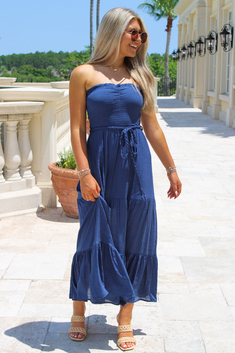 Sunset Breeze Smocked Maxi Dress - Navy