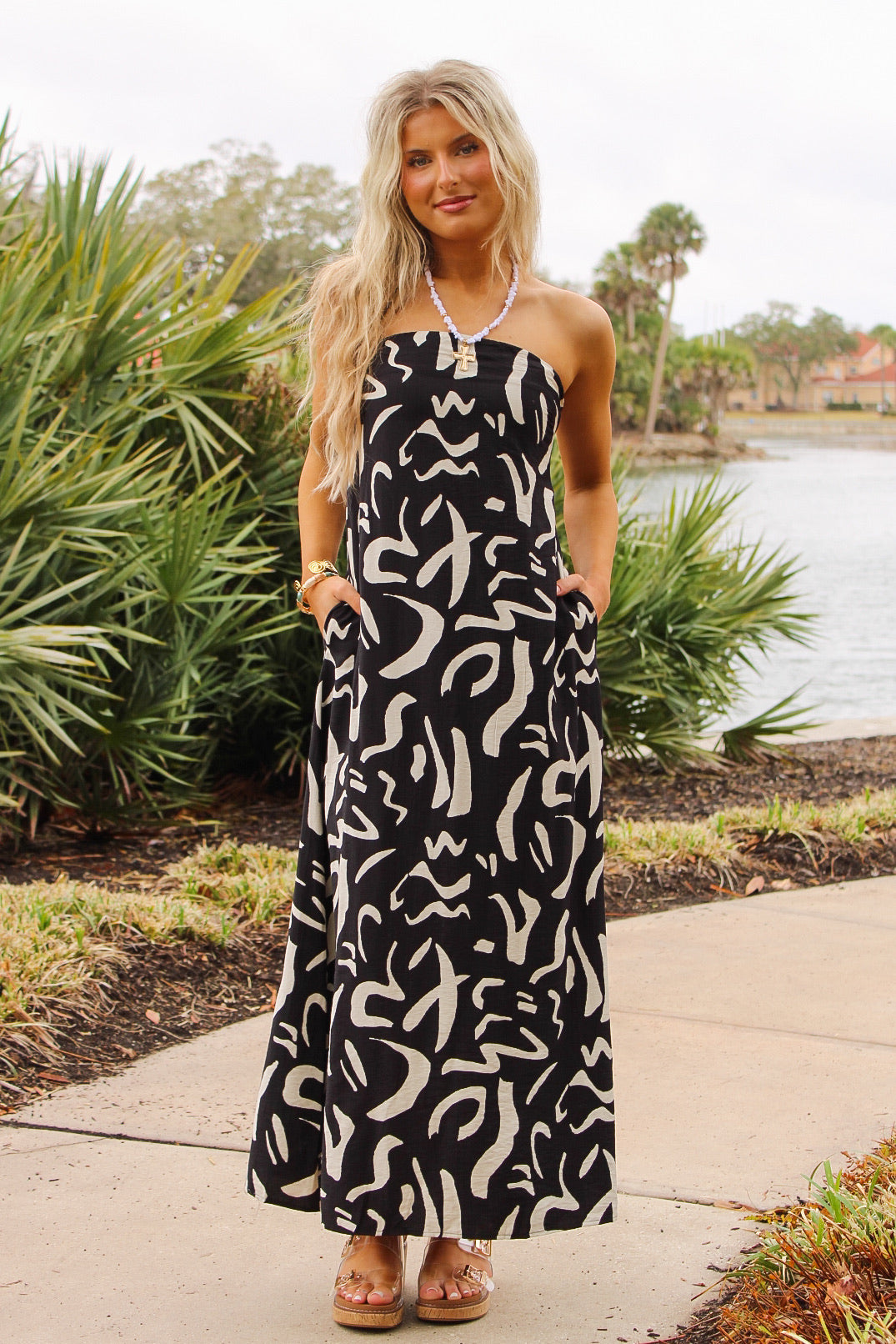 Midnight Muse Tropical Printed Maxi Dress - Black