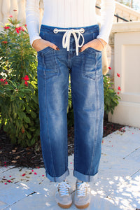 Brandy Slouchy Crop Barrel Drawstring Jeans - Dk Wash