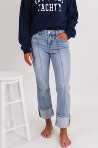 Amanda High Rise Ankle Straight Wide Cuff Jeans - Light Wash