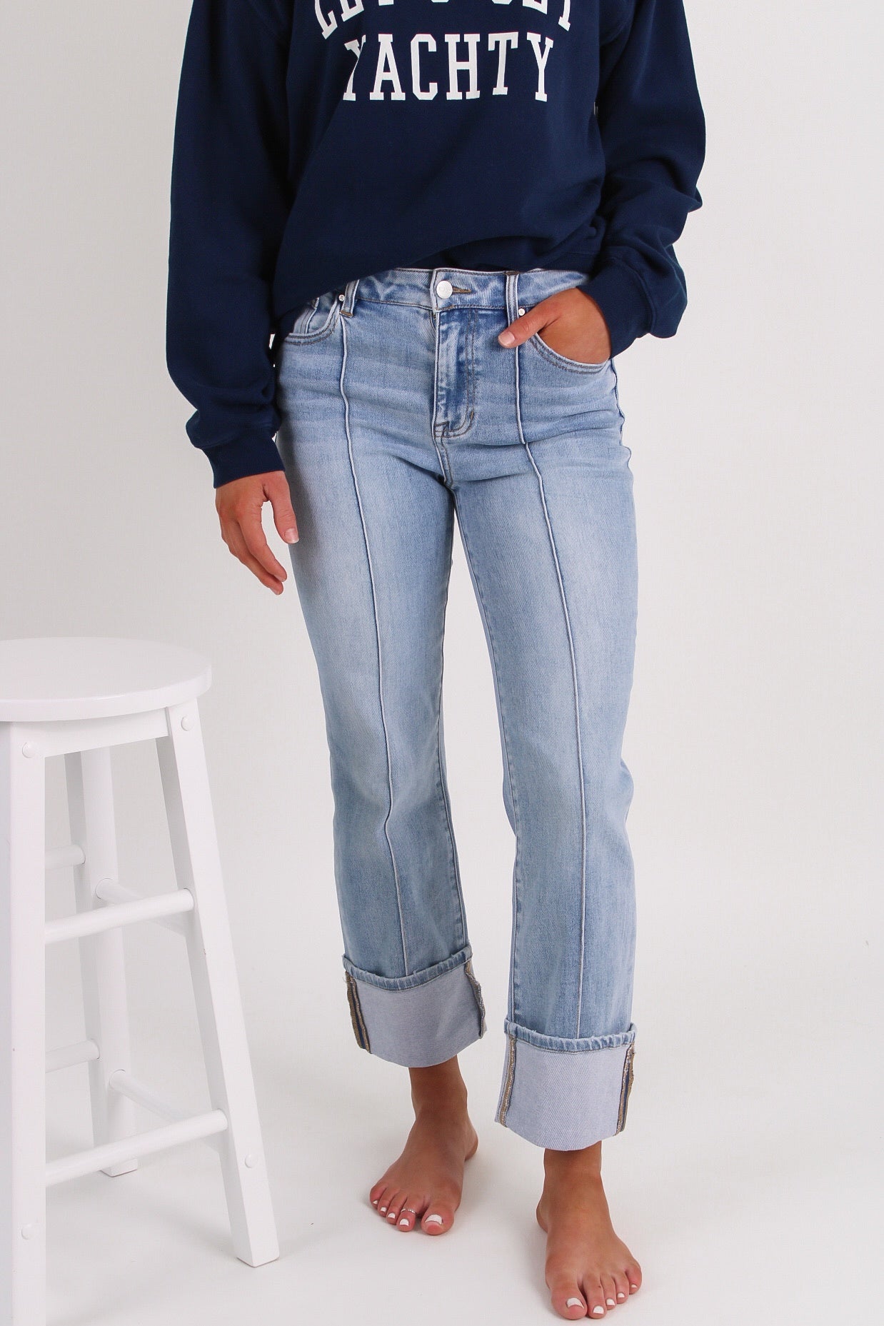Amanda High Rise Ankle Straight Wide Cuff Jeans - Light Wash