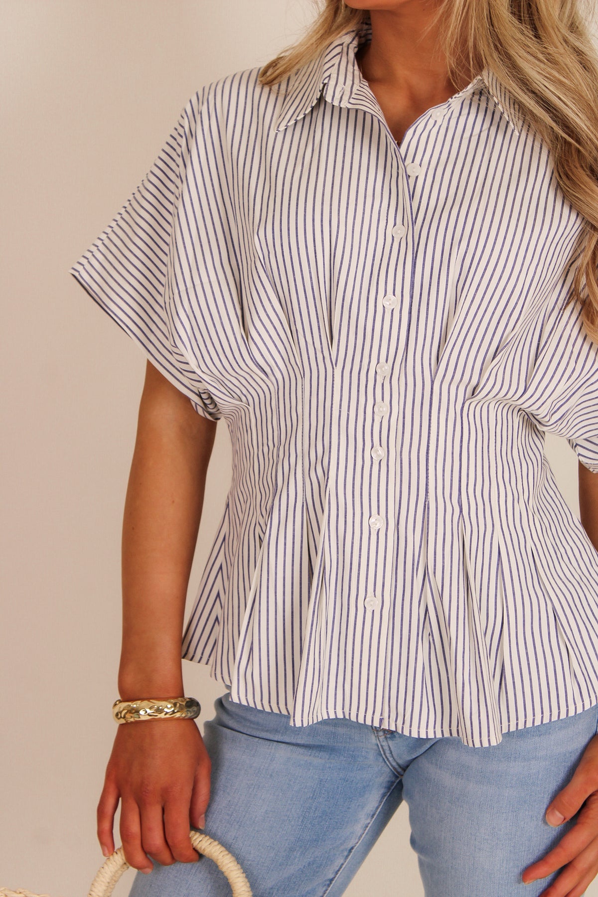 The Tailored Tide Pleated Button Down Top - Blue