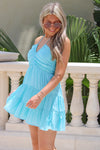 True Summers Ruched Halter Mini Dress - Sky Blue