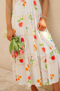 Picnic Ready Floral Tiered  Midi Dress - Ivory Multi