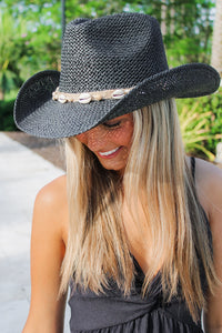 Coastal Beach Babe Cowrie Shell Hat - Black