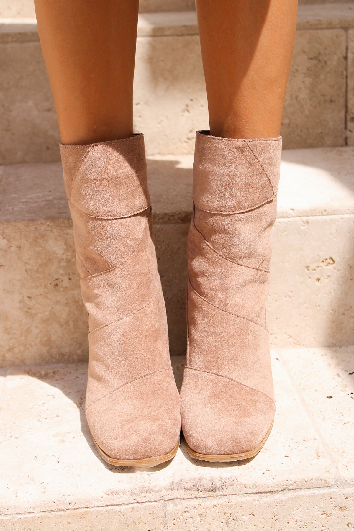 New Direction Suede Block Heel Boot - Taupe
