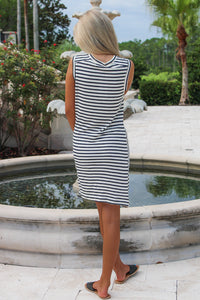 In The Moment Striped Wrap Tank Dress - Navy