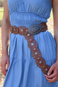 Artisan Floral Oval Disk Belt - Cognac