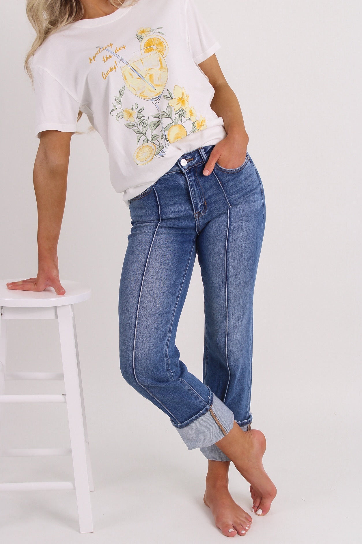 Amanda High Rise Ankle Straight Wide Cuff Jeans - Med Wash