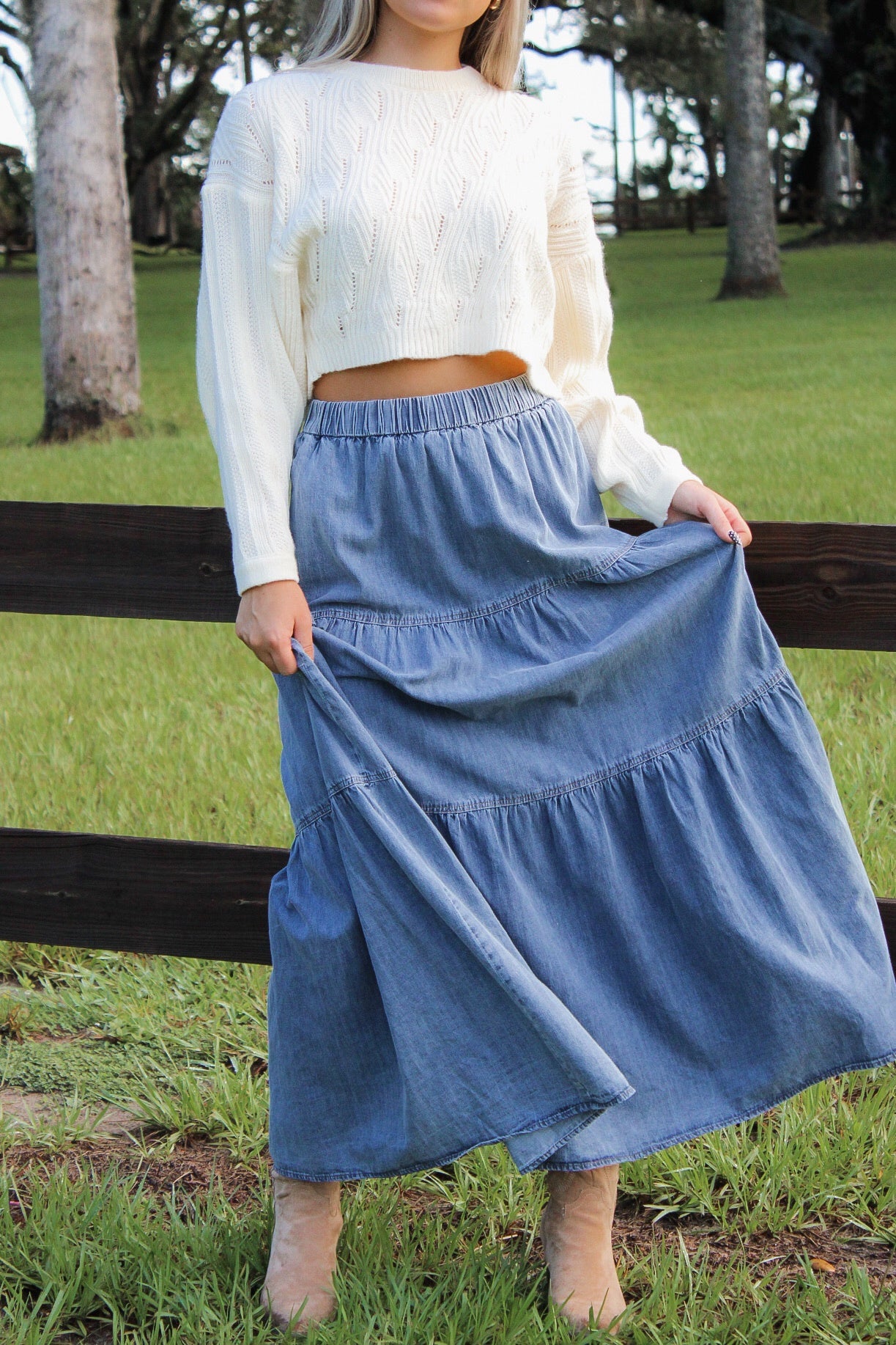 Southern Charm Tiered Maxi Skirt - Med Wash