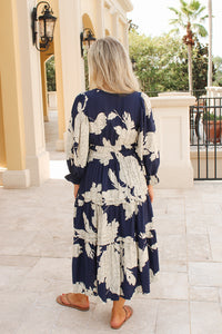Fall Moments Floral Tiered Midi Dress - Navy